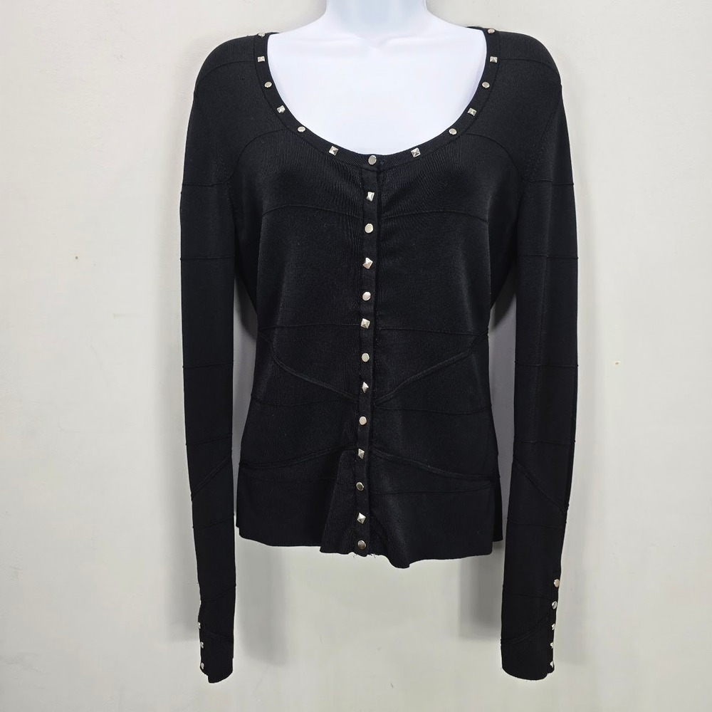 Cache Cardigan M Black Knit Ribbed‎ Studded Bandage Grunge Indie Scoop Neck Top